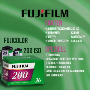 Fujifilm Fujicolor 200 ISO Farbnegativfilm, Hauptmerkmale: Feinkörnig, eher kühle neutrale Farben